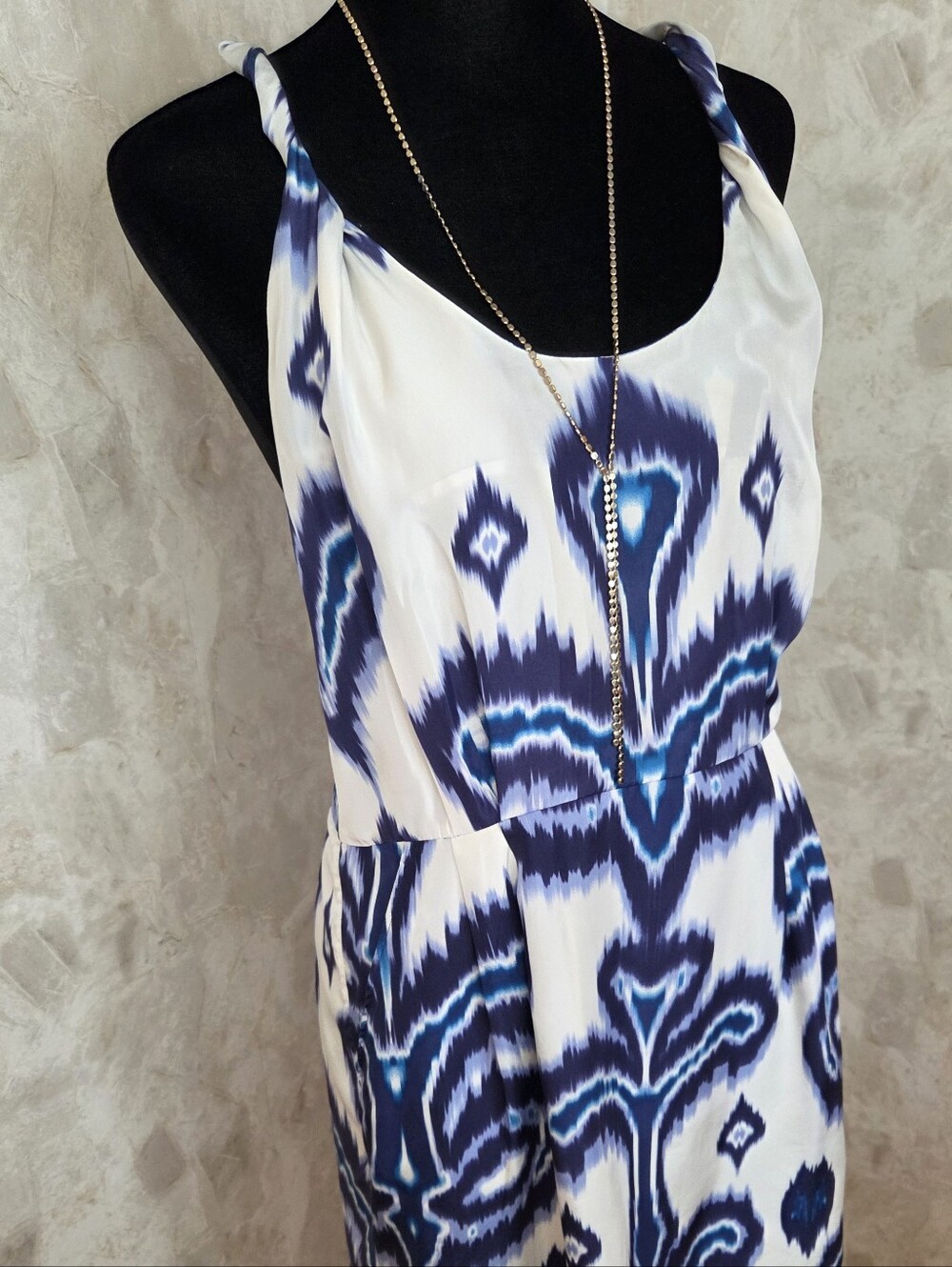 Banana Republic Silk Halter Dress Blue Ikat Print Open Back Mini Size 6